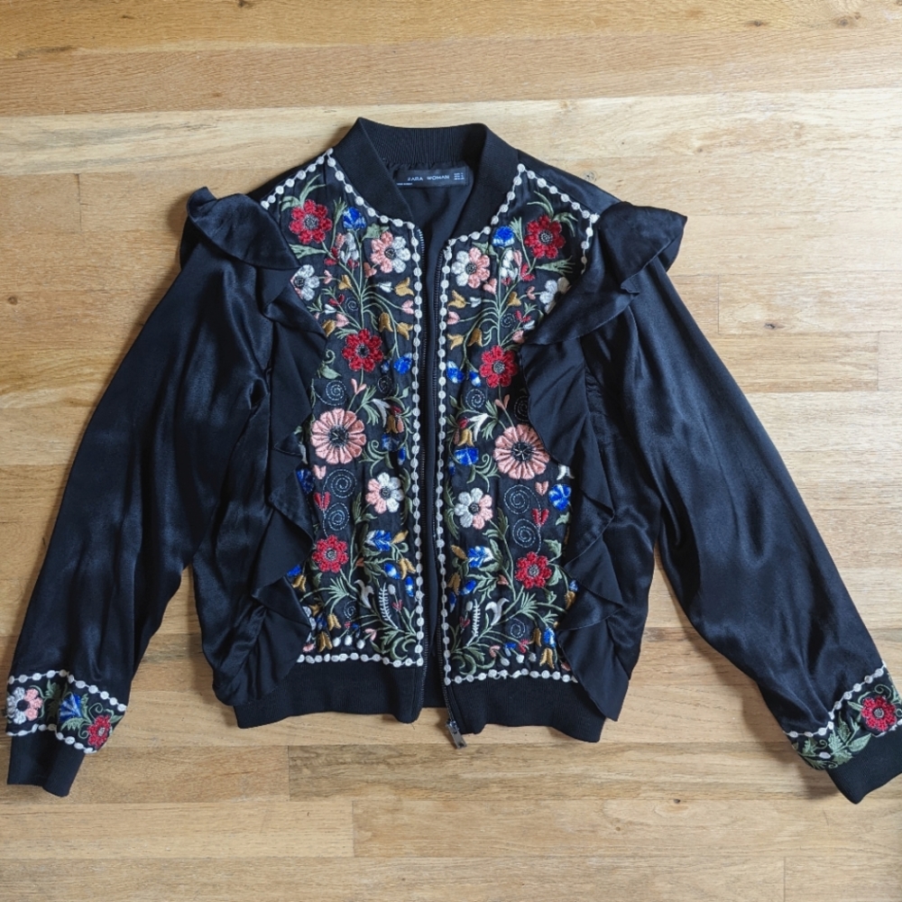 Zara Silky Embroidered Bomber Jacket With Ruffles